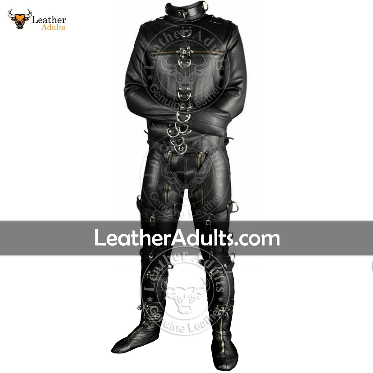 A man wearing a black leather bondage suit with D-rings, lacing, and straps for restraint, standing against a white background. The suit is embellished with silver and gold detailing, and the brand 'Leader Adults' is visible on the website address.