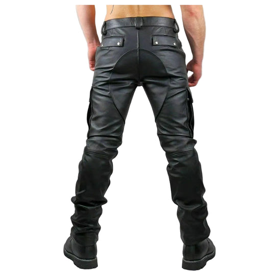 Pantalones cargo de cuero de vaqueta negra suave y lisa para hombre