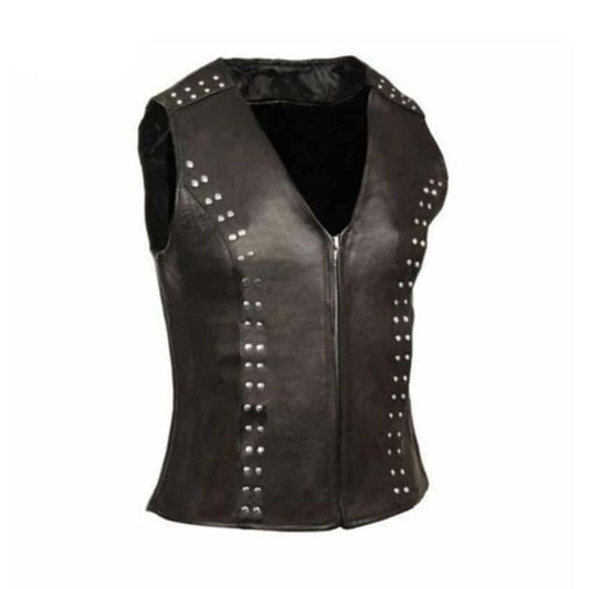 Chaleco de Piel de Cordero Auténtica Suave Negro para Mujer Motero W5