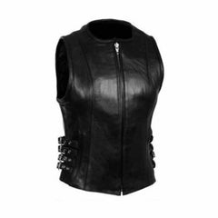 Chaleco de piel de cordero auténtica negra suave para mujer, motero, 4 hebillas laterales en la cintura W6