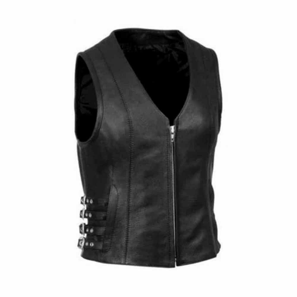 Chaleco de cuero de piel de cordero negro suave para mujer, con 4 hebillas laterales en la cintura, estilo motero W7