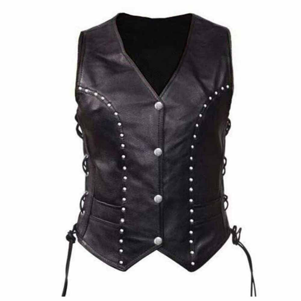 Chaleco de Piel Suave para Mujer con Cordones Laterales Detallados Estilo Motero W10