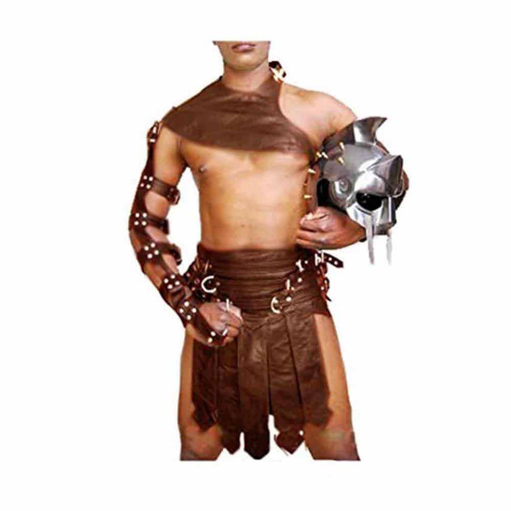 Conjunto de falda escocesa de gladiador romano de cuero marrón para hombre - K3