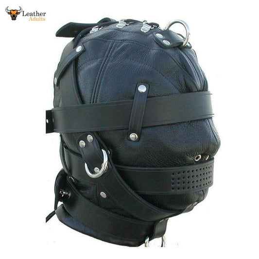 Black leather bondage mask with multiple straps and metal rings, designed for sensory deprivation.