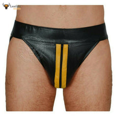 A black leather jockstrap with yellow stripes on the front, displayed on a model.