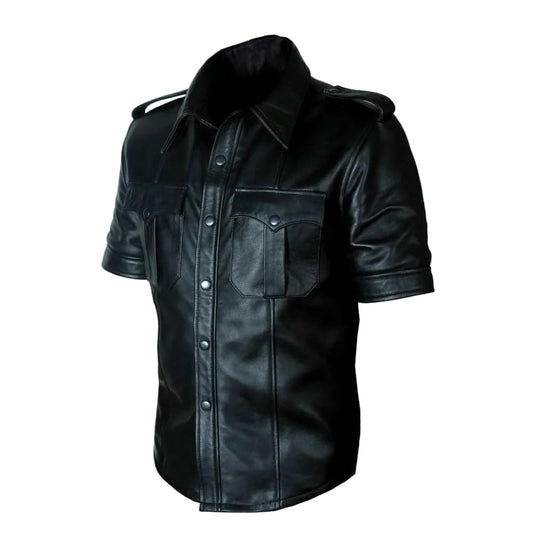Camisa BLUFF de uniforme de policía de cuero de oveja auténtico para hombre, gay, manga corta