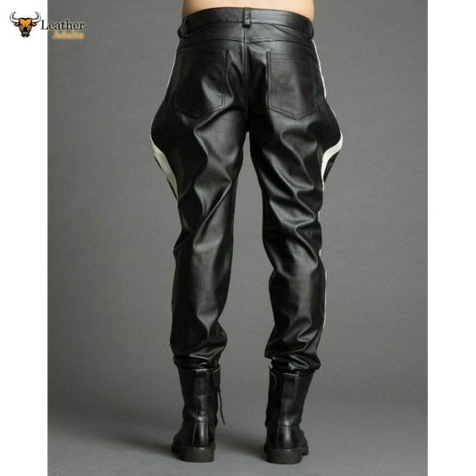 Men's Real Leather Pants Biker Bluf Side Stripes Breeches Trousers Lederhosen