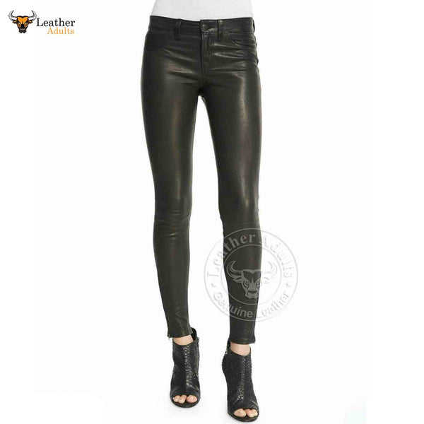 Women Genuine Lambskin Skinny Pants Real Leather Leggings Black