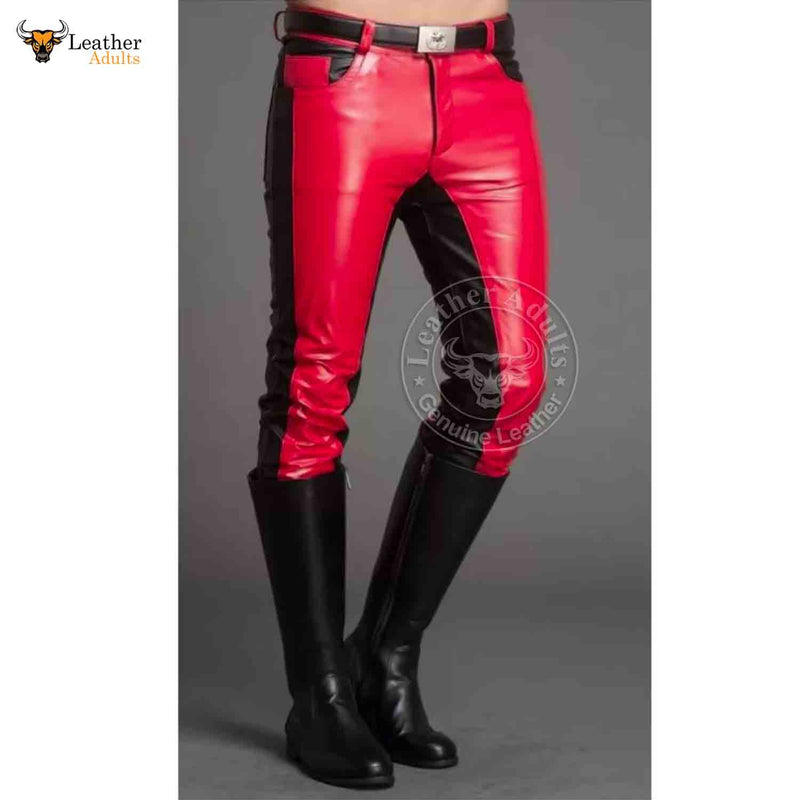 Mens Real Cowhide Leather Black and Red Contrast Leather Pants Motorcycle Pants Trousers Jeans