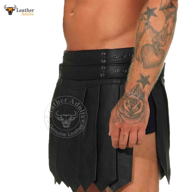 Mens Black Cowhide Leather Roman Gladiator Skirt Kilt Gothic Belt and Buckles Kilt LARP ALL SIZES