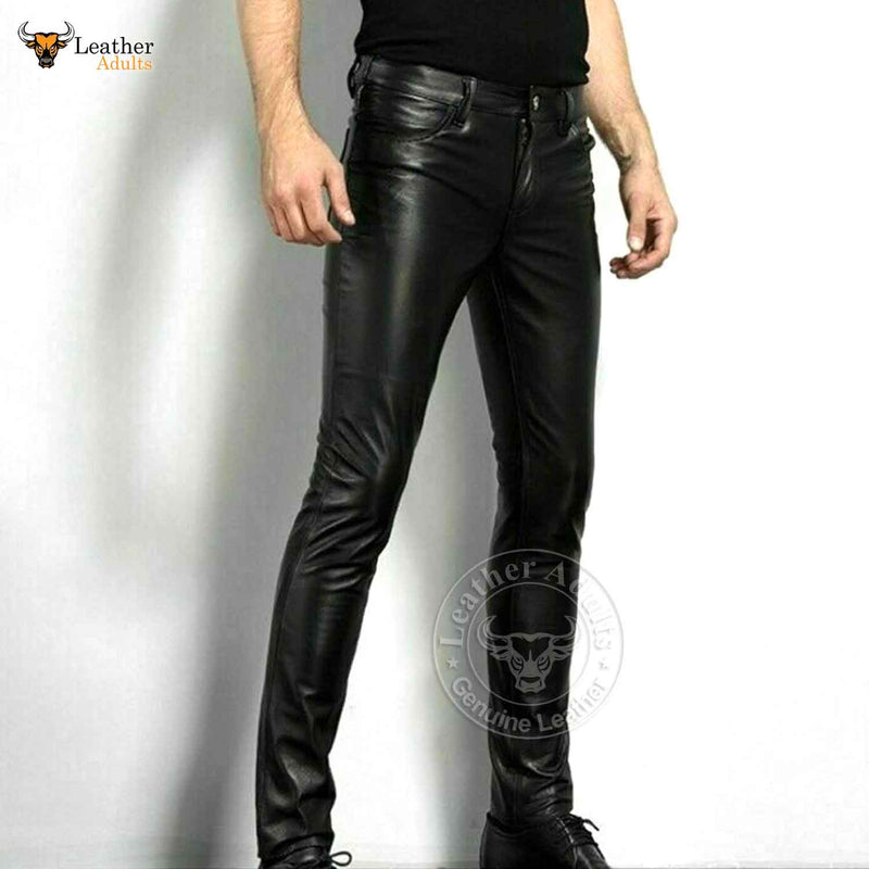 Mens Black Real Leather Famous Levi 501 Style Pant Trousers Hot Jeans Most Sizes