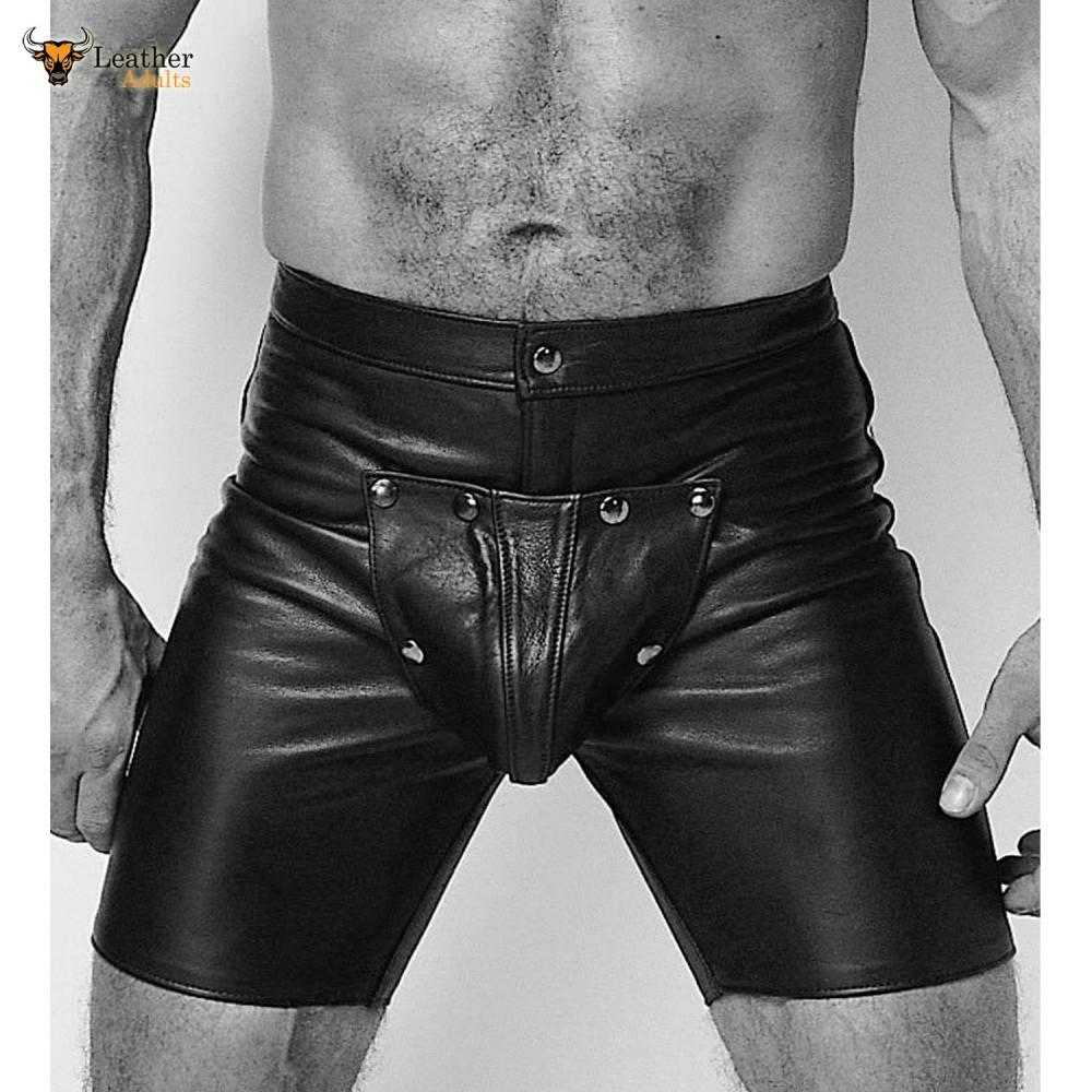 New Black Real Leather jean style mid thigh shorts Codpiece Front open ...