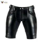 Mens Real Cow Leather Black Shorts Clubwear Leisure with Full Front to Rear Zip