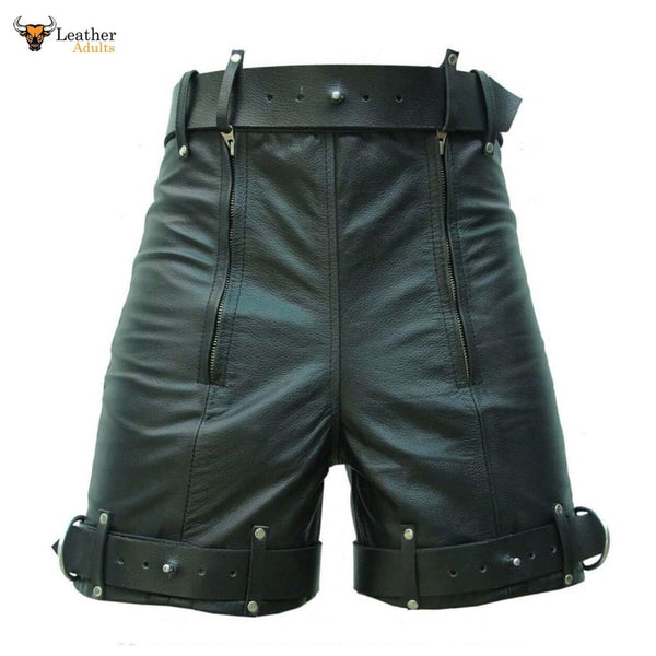 Men's Leather Bondage / Locking Chastity Shorts Genuine Cow Leather