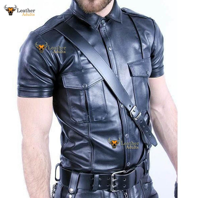 Men's Real Lambs Leather Police Black Shirt Cuir Bluf Lederhemd Leder Shirt