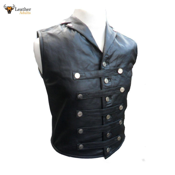 Mens Black Leather Waistcoat Vest Victorian Corset Steel Boned GOTH  Military - STEAM2 - Leather Addicts