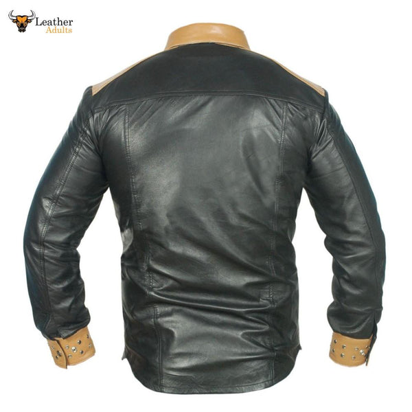 REAL LEATHER Mens Long Sleeve Black and Tan Cowboy Police Western Style Shirt