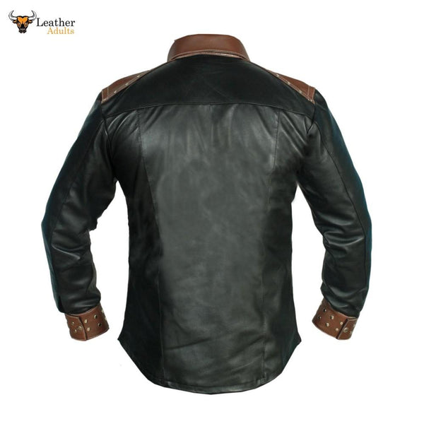 REAL LEATHER Mens Long Sleeve Black Cowboy Western Style Shirt BLUF Most Sizes