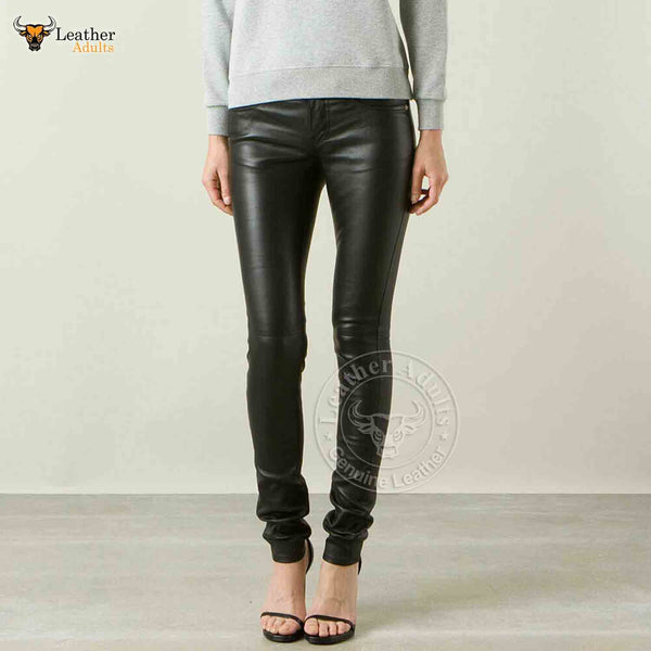 Women Genuine Lambskin Skinny Pants Red Real Leather Leggings Designer  Trousers 