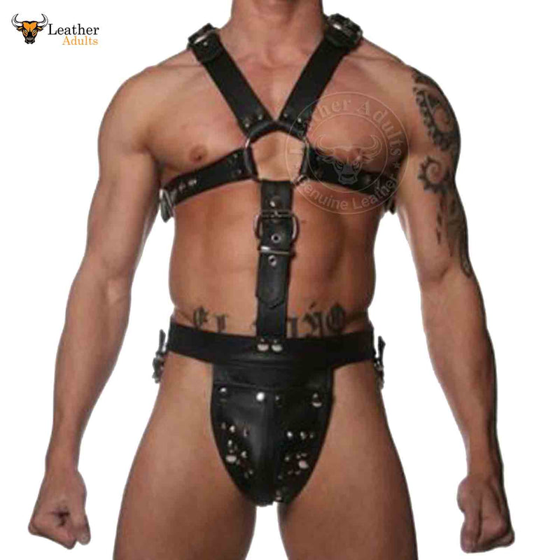 Mens Genuine Leather Handmade Full Body ADJUSTABLE Harness WITH JOCK Leder GAY INTEREST