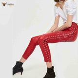 Women’s Red Real Leather Laces Up Slim Fit Sexy Side Laces Up Pants Skinny Trousers