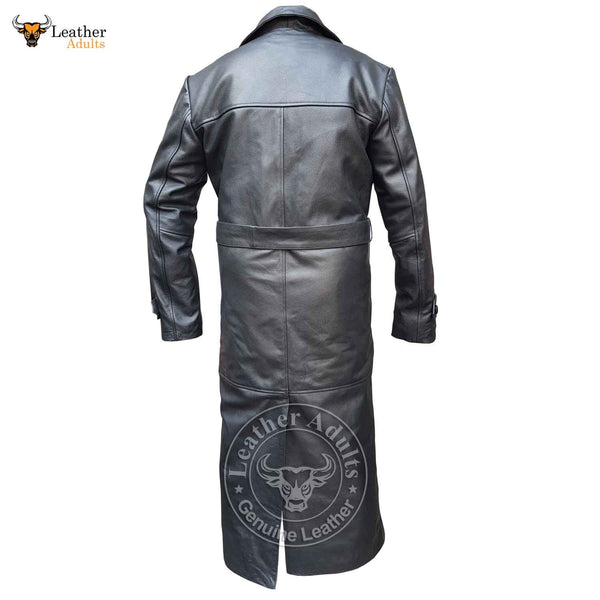Mens Black Cowhide LEATHER FULL LENGTH DOUBLE BREAST Trench Coat New