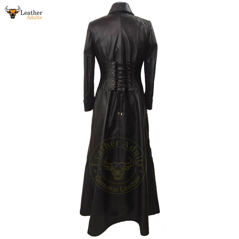 Womens Ladies Real Leather Long Black Leather Dress Gown Suit Gothic Trench Coat