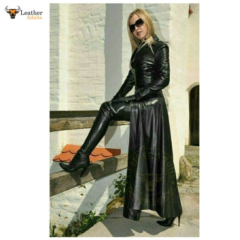 Womens Ladies Pure Black Leather Trench Steampunk Gothic Matrix Coat Jacket