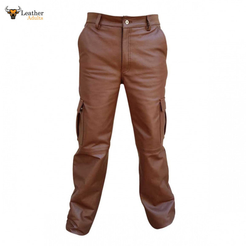 Men's Brown Real Leather Pants Cargo 6 Pockets Pants Bikers Leather Breeches Trousers