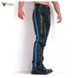 Mens Black Cowhide Leather Jeans Style Pants BLUF Breeches Blue Striped Trousers