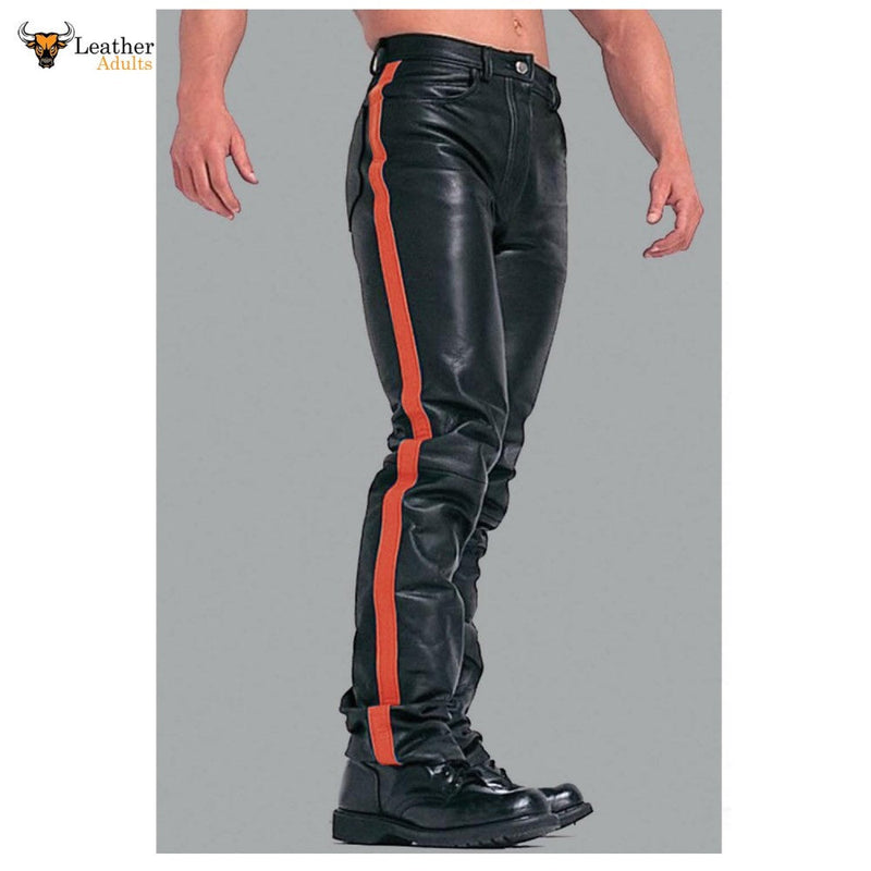 Mens Black Cowhide Leather Jeans Style Pants BLUF Breeches Red Striped Trousers