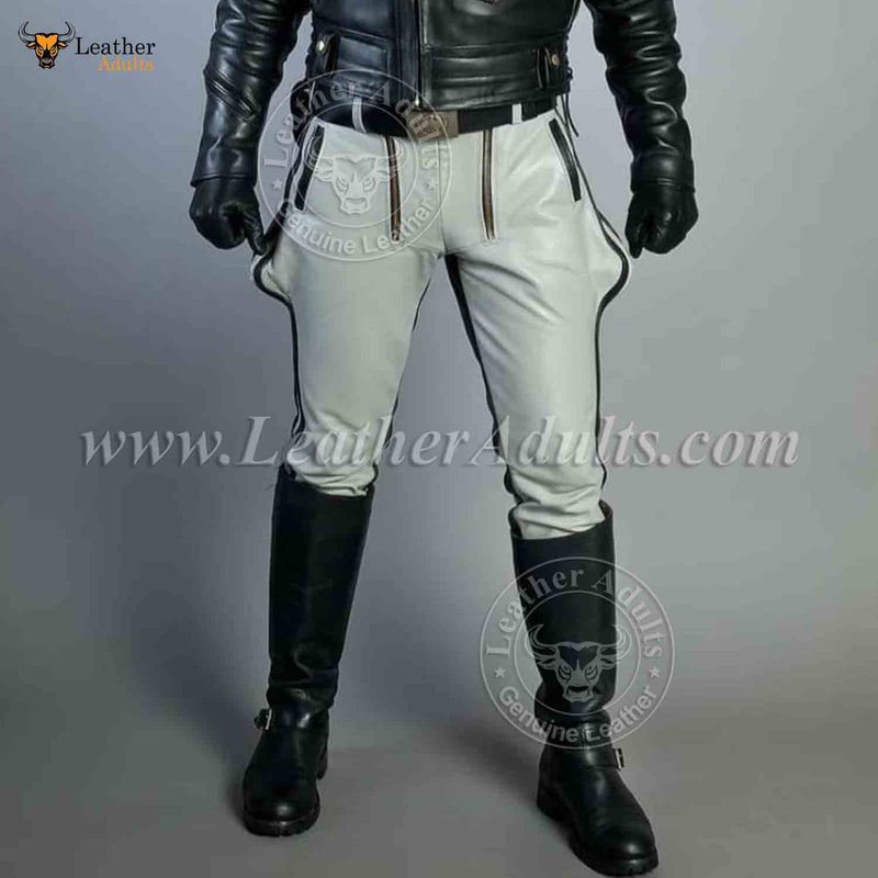 Men's Real Leather White and Black Contrast Saddleback Trousers BLUF Pants Bikers Breeches