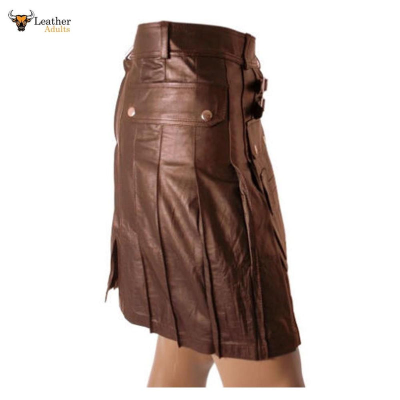 Men's Real Leather Brown Utility Cargo Kilt Choice of Length and Sizes