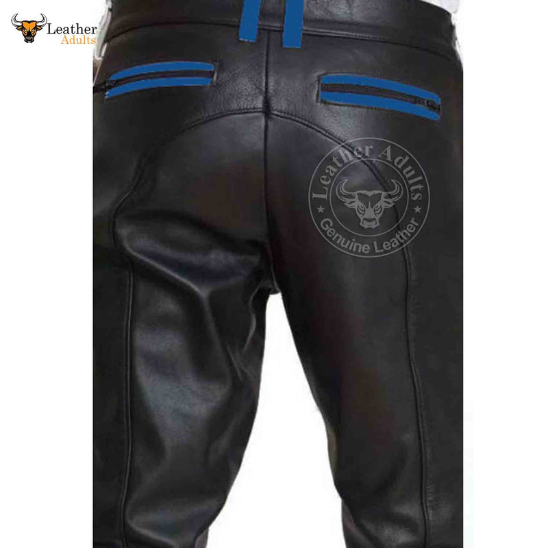 Mens Cowhide Leather Pants Cropped Biker Pants Blue Stripe Leather Pants Clubwear Chino Trousers