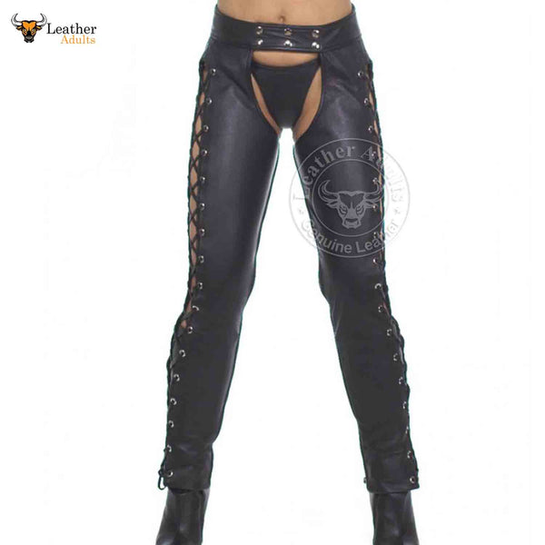 Women’s Real Cowhide Soft Leather Chaps Side Laces Up Leather Chaps