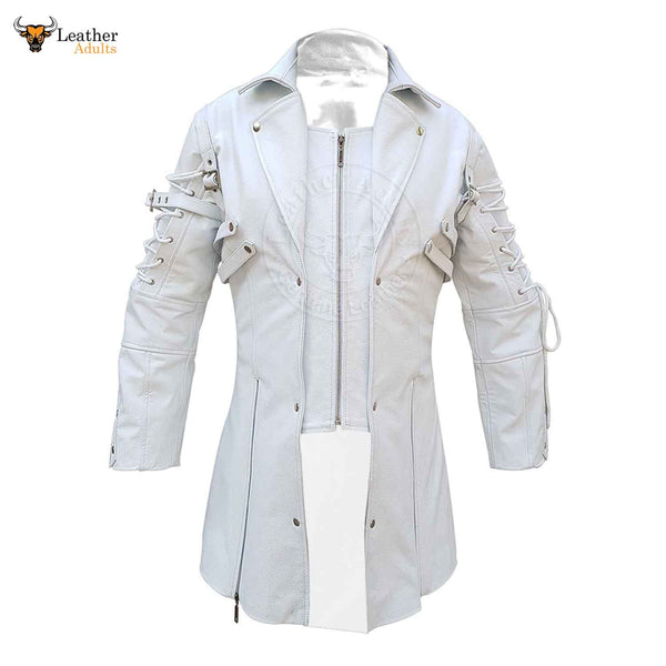Mens REAL White Leather Goth Matrix Trench Coat Steampunk Gothic T18 WHITE