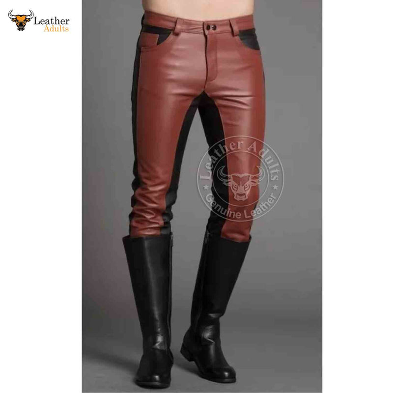 Mens Real Cowhide Leather Black and Brown Contrast Leather Pants Motorcycle Pants Trousers Jeans