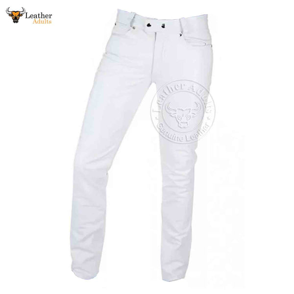 Men's White Genuine Leather Seamless Skinny Pants Five pockets Jeans Style Premium Kink Trousers