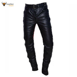 Mens Real Leather Bikers Pants Side and Front Laces Up Red Contrast Leather Trousers