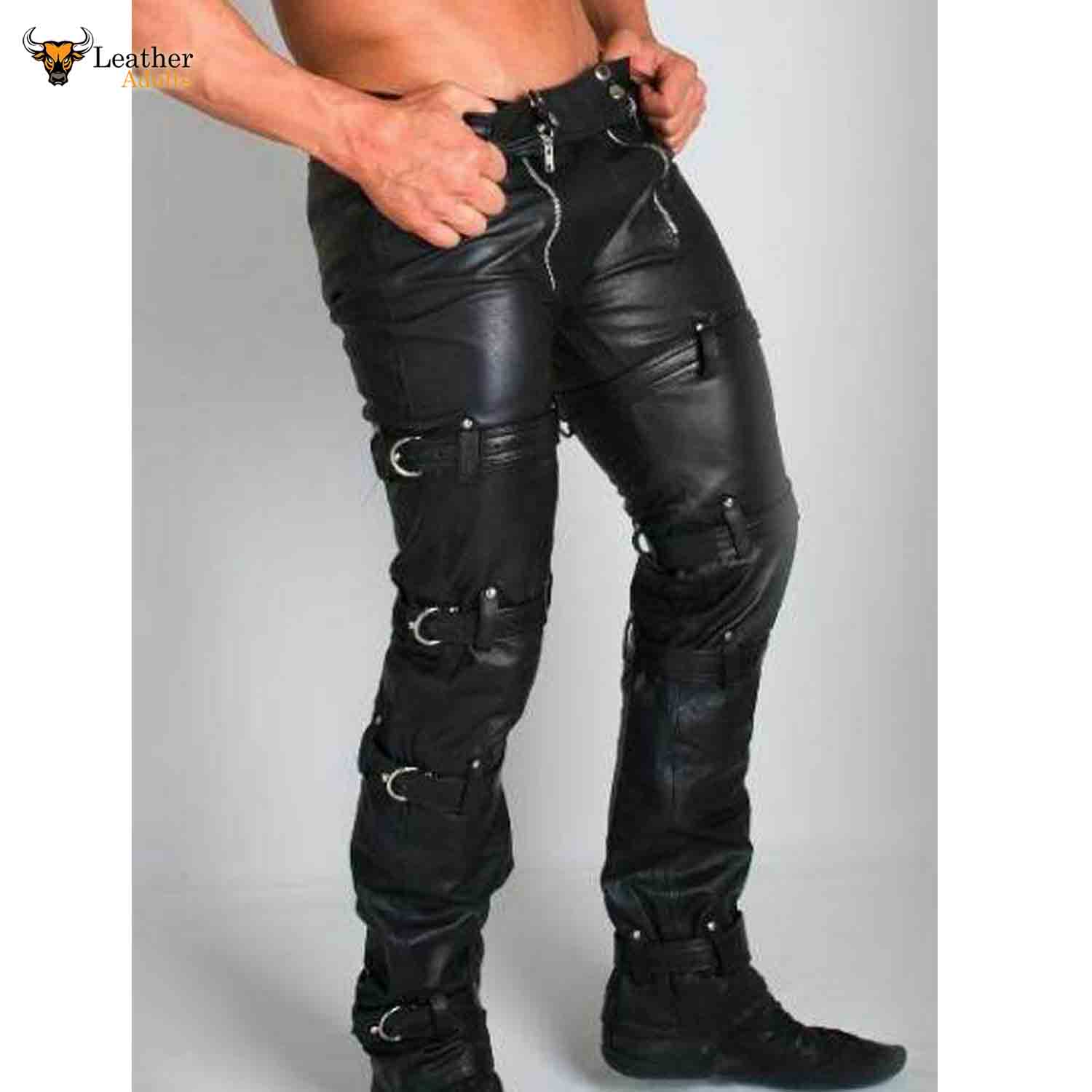 Mens Bondage Genuine Leather Skinny Chastity Pants Club Trousers Bonda ...