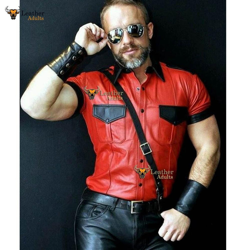 Men's Real Leather Red and Black Contrast Police Style Bluf Bikers Shirt