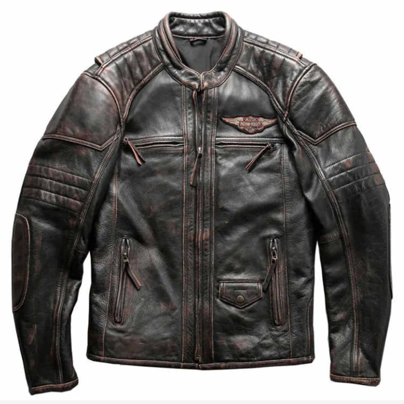 HD Black Motorcycle Triple Vent Detonator Distressed Leather Jacket