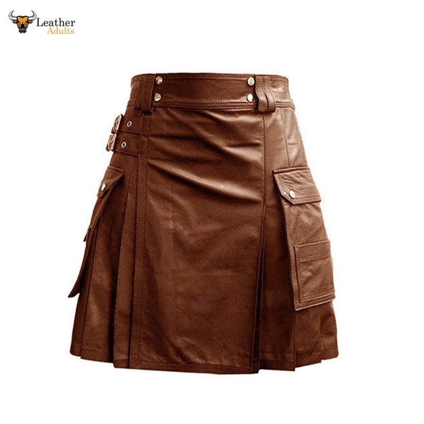Leather Brown Utility Kilt Twin CARGO Pockets Pleated with Twin Buckles Mens