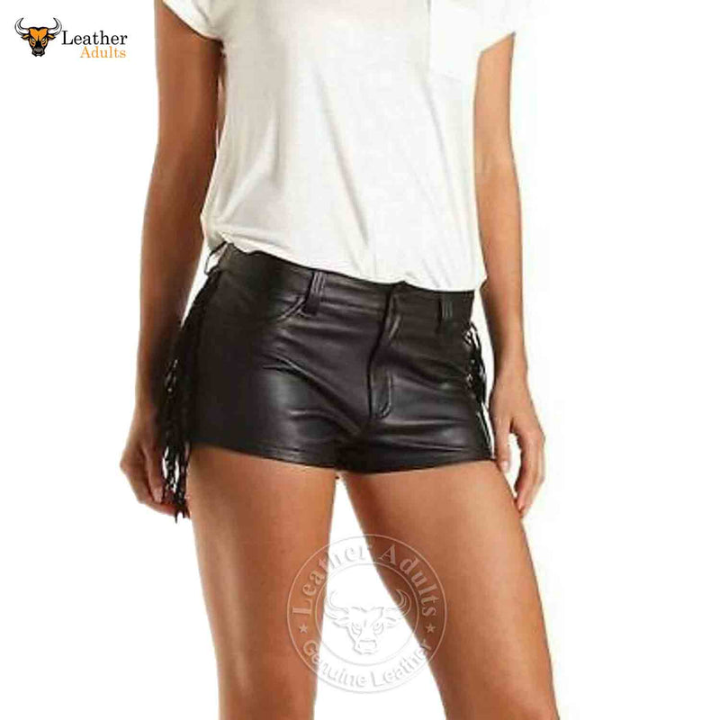 Ladies Black Genuine Soft Lambskin Leather High Rise Shorts