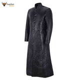 Mens Black Real Cowhide Leather Goth Long Coat Steampunk Matrix Trench Coat Gothic Van Helsing Coat