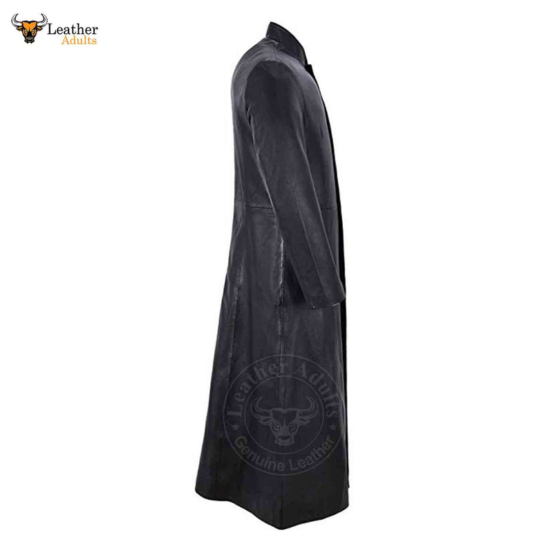 Mens Black Real Cowhide Leather Goth Long Coat Steampunk Matrix Trench Coat Gothic Van Helsing Coat