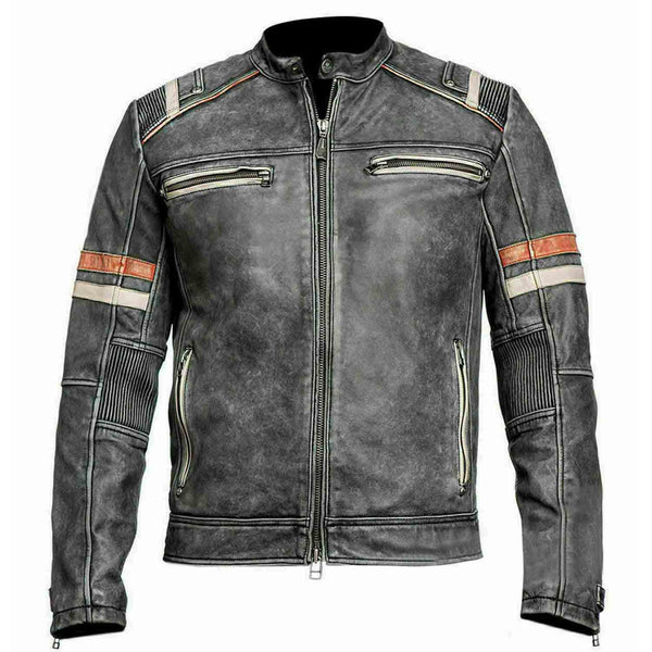 Men's Biker Vintage Motorcycle Café Racer Retro 2 Moto Distressed Leather Jacket