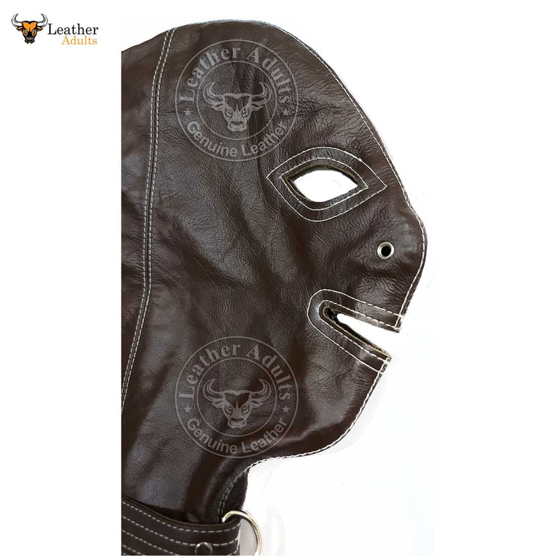 Real Brown Leather Bondage Lockable Hood Mask Hand Constructed Gimp ma ...