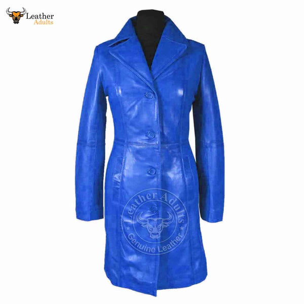Womens Blue Beautiful LAMBS LEATHER Ladies Steampunk GOTH Style Trench Coat T16