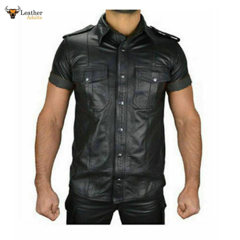 Mens Boys Hot Police Uniform Shirt Genuine Soft Lambskin Leather Shirt All Sizes Gay